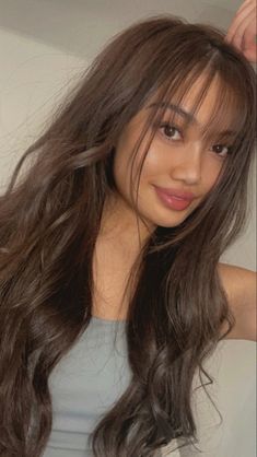 Wispy Bangs For Long Face, Fringe Hairstyles For Round Faces, Fringe On Oval Face, Fringe Hairstyles Round Face Asian, Long Hair Fringe Round Face, Long Hair With Wispy Bangs Round Face, Bangs Hairstyle Round Face, Front Layer Bangs, Fringe Bangs On Round Face