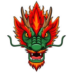 a red and green dragon head with horns on it's head, in the shape of flames