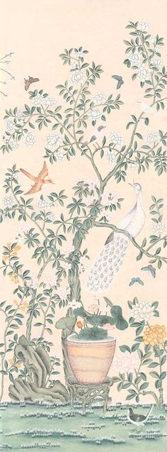 Panel of hand-painted, antique, indienne chinoiserie in macartney colourway Chinoiserie Background, Chinese Painting, Flowering Trees, Textile Patterns, 그림 그리기, Artist At Work