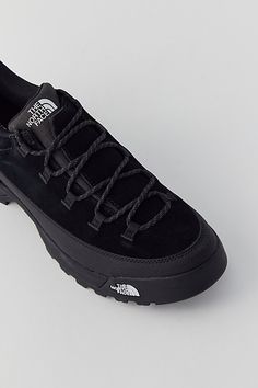 Black Sneakers With Lug Sole For Outdoor, Black Suede Outdoor Sneakers, Black Suede Sneakers For Outdoor, Waterproof Suede Sneakers For Outdoor, Waterproof Suede Outdoor Sneakers, Sporty The North Face Sneakers With Round Toe, Sporty Round Toe Sneakers By The North Face, Gore-tex Round Toe Walking Shoes For Streetwear, Gore-tex Walking Shoes With Round Toe For Streetwear