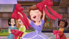 an animated image of princesses with their hands in the air and one holding up her hair