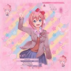 an anime character with pink hair and blue eyes holding her hand up in the air