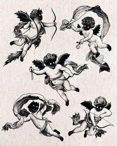 an old fashioned drawing of cupid cherubs in various poses and positions,