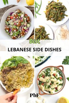 a collage of different authentic lebanese side dishes Lebanese Sides, Lebanese Recipes Authentic, Vegan Lebanese, Braised Greens, Greek Foods, Popular Dishes, Lebanese Cuisine, Middle Eastern Dishes, Vegan Side Dishes