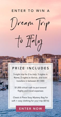 a boat with the words enter to win a dream trip to italy