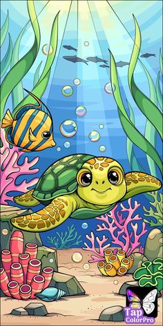 an underwater scene with a turtle and fish