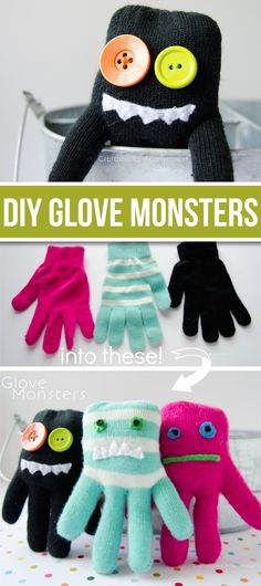 several knitted monster mittens are shown with buttons on them and the words diy glove monsters