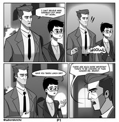 a comic strip with an image of a man in a suit and tie talking to another person