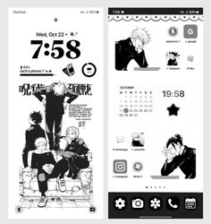 an iphone screen with anime characters on it and the time displayed in black and white