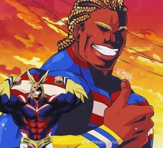 an anime character giving the thumbs up in front of a red, white and blue background