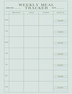 the weekly meal tracker is shown in this printable version, which includes food and drinks