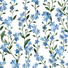 blue flowers on a white background with green leaves