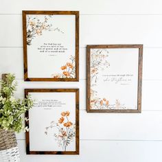 two framed pictures with flowers on them next to a basket and vase filled with flowers