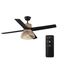 a ceiling fan and remote control on a white background with an image of a lamp