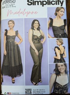 a woman's jumpsuit and dress sewing pattern from the simplicity magazine, which features images of women in evening gowns