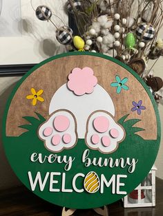 Every Bunny Welcome Door Hanger Wooden Bunny Crafts, Easter Door Decorations, Easter Bunny Door Hanger, Bunny Door Hanger, Easter Home Decor, Easter Door Hanger, Easter Sign, Door Signs Diy, Paint Parties