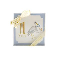 a card with a stork on it and a ribbon tied around the front