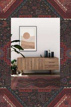 a living room scene with focus on the sideboard and rug in the foreground