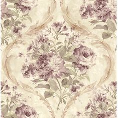 a floral wallpaper with purple flowers and leaves on white background, in an old fashion style