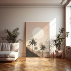 a living room with white furniture and palm trees on the wall, in front of a large window