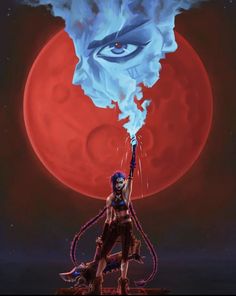 a woman holding up an evil looking object in front of a red and blue moon