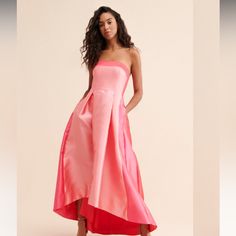 Size 2 Strapless Color-Block Dress In A High-Low Silhouette Side Pockets Back Zip Closure Lined Polyester Pit To Out 16.5” Waist 14” Pink A-line Strapless Dress For Prom, Pink Strapless Dress For Evening, Elegant Pink Strapless Midi Dress, Pink Strapless Spring Evening Dress, Pink Strapless Evening Dress For Spring, Pink Strapless Dress For Gala, Chic Pink Strapless Dress For Evening, Chic Pink Strapless Evening Dress, Feminine Strapless Pink Maxi Dress