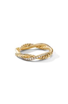 Enhance your shine with an elegantly twisted ring illuminated by pavé diamonds and fluid, polished lines. 4mm band width Total diamond weight: 0.08ct. 18k gold/diamond Imported >Diamond Guide Elizabeth Windsor, Twisted Ring, Fancy Design, Golden Ring, Diamond Guide, Twist Ring, Jewelry Rings Diamond, David Yurman, Stacking Rings