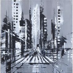 black and white painting of cityscape with buildings