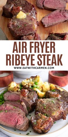 an air fryer ribeye steak with potatoes and peas on the side is shown