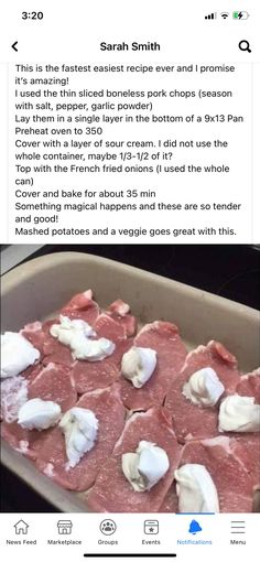 an image of meat in a pan with cream on top and the caption above it