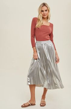 WISHLIST Metallic Pleated Skirt | Nordstromrack Skirt With Flats, Silver Skirt Outfits, Silver Outfits, Metallic Pleated Skirt, Silver Skirt, Tall Women, Dress Size Chart, Fashion Books, Dress Size Chart Women