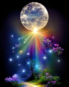 an image of a full moon in the sky with stars and trees on it,