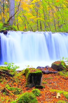 a waterfall surrounded by trees and leaves in the fall