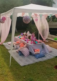 an outdoor picnic with food and decorations on the grass in front of a white tent