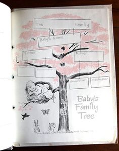 an open children's book with family tree on it