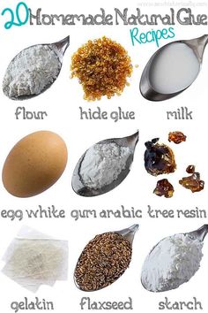 the ingredients for homemade natural glob recipe are shown in this poster, including eggs, flour, flakes and granola