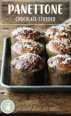 panettone chocolate - studded muffins on a baking sheet with text overlay