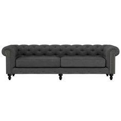 a gray couch with black legs and buttons on the back, against a white background