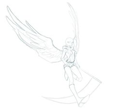 a drawing of an angel with wings on it's back and arms, standing in front of a white background