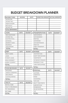 a printable budget breakdown planner