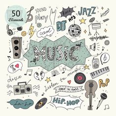 the words music are surrounded by various musical instruments and sound equipment in this hand drawn illustration