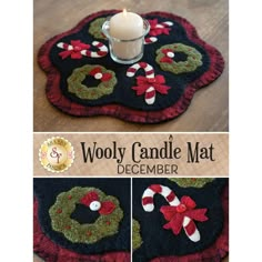 a candle that is sitting on top of a mat with candy canes and wreath decorations