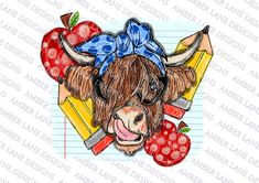 a bull with glasses and an apple on it's head is surrounded by school supplies