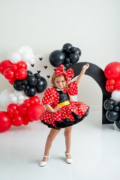 Minnie Mouse-inspired red and black dress with white polka dots and bow detail. Playful Fitted Minnie Mouse Dress, Star Fits, Detachable Jacket, Disney Family Outfits, Playful Minnie Mouse Summer Dress, Playful Cotton Dress With Minnie Mouse Details, Disney Minnie Mouse Cotton Dresses, Playful Minnie Mouse Dress-up Dress, Gown Rental