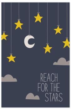 reach for the stars card with yellow stars hanging from strings and moon in the sky