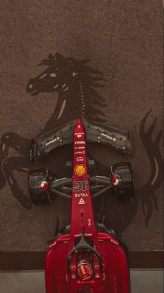 an aerial view of a racing car with the shadow of a horse on it