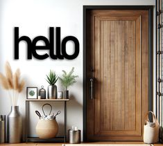 a wooden door sitting next to a shelf with vases and plants on top of it