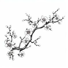 a black and white drawing of a branch with flowers