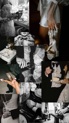 a collage of black and white images with people dressed in formal wear, shoes and jewelry