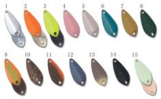 an assortment of different colors and sizes of fishing lures